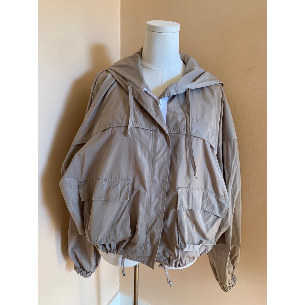 Planet by Lauren G Tan Hooded Windbreaker Jacket Oversized Cargo Utility Tan OS